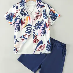 2 Pieces Boy Youth Summer Vacation Casual Gentleman Style with Palm Leaf Print Short Sleeve Shirt Shorts 2 Pieces