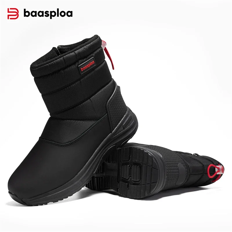 Baasploa Men Snow Boots Winter Plush Warm Cotton Shoes for Men New Fashion Leather Waterproof Walking Shoes Non-Slip Outdoor