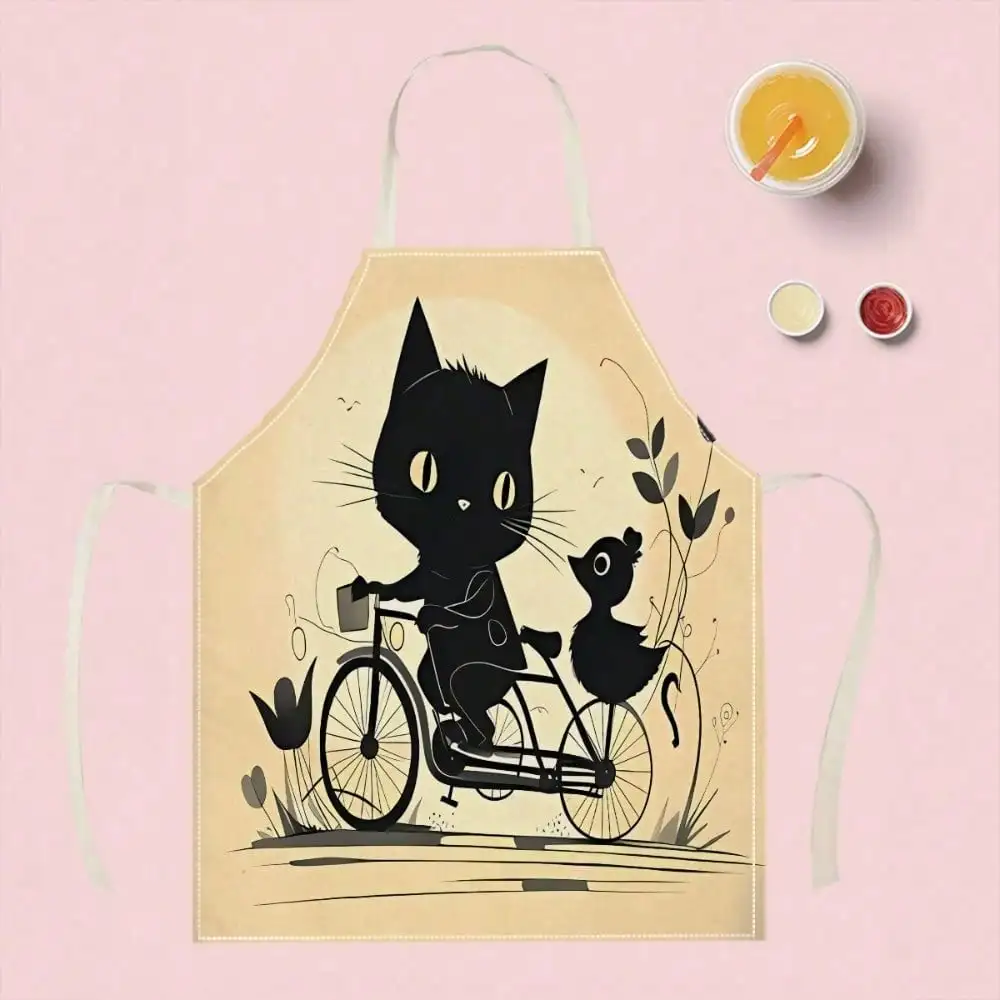 

A Stylish And Unique Apron Featuring A Design Of A Black Kitten On A Bicycle, Perfect For Home Cleaning. This And Kitchen Apron Is Easy To Clean, Making It Ideal For Cooking And Baking, As Well As For Creative Home Use And Work Attire