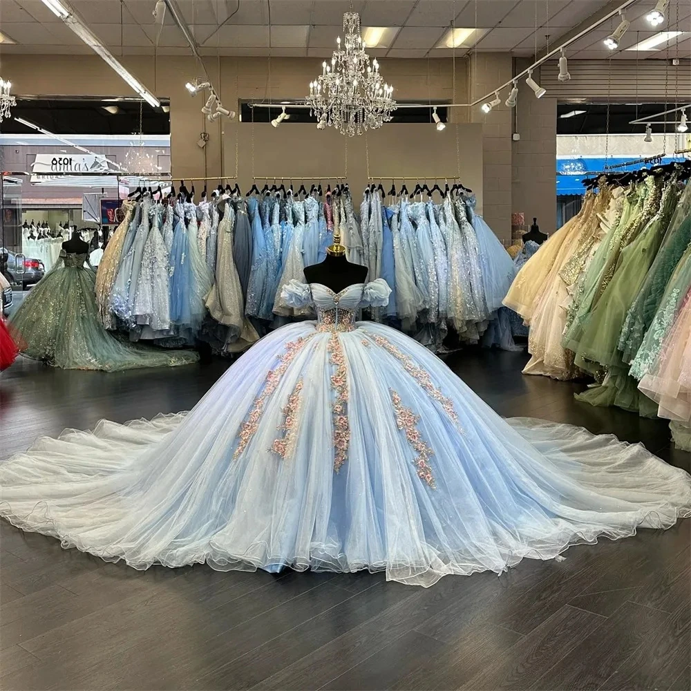 فستان الأميرة Quinceanera ، أزرق سماوي ، عاري الكتفين من التل ، حلو 16 فساتين ، 15 سنة ، مخصص