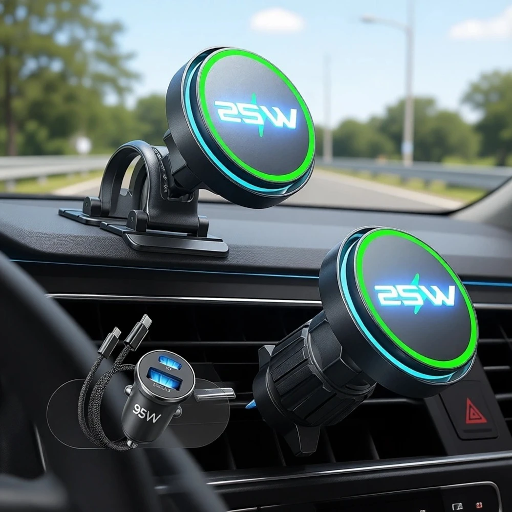 

Беспроводное автомобильное зарядное устройство Qi2 25W MagSafe с охлаждающим вентилятором и адаптером 95W для быстрой зарядки Galaxy и iPhone