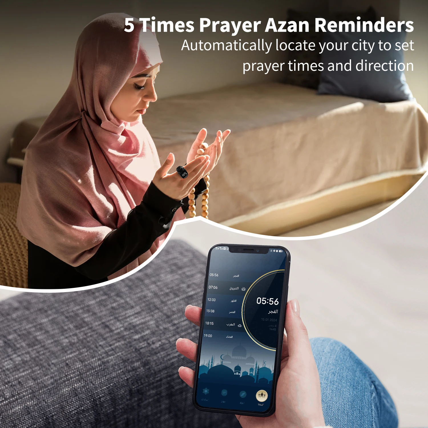 iQibla Zikr1 lite Smart Tasbih Tally Counter Ring for Muslims Zikr Digital Tasbeeh 5 Prayer Time Reminder Bluetooth Waterproof