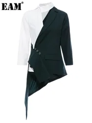 EAM-Blazer Décontracté Irrégulier Vert pour Femme, Veste à Revers et Manches sulf, At Fit, Mode Tide, Printemps Automne 2024, 1DE9134