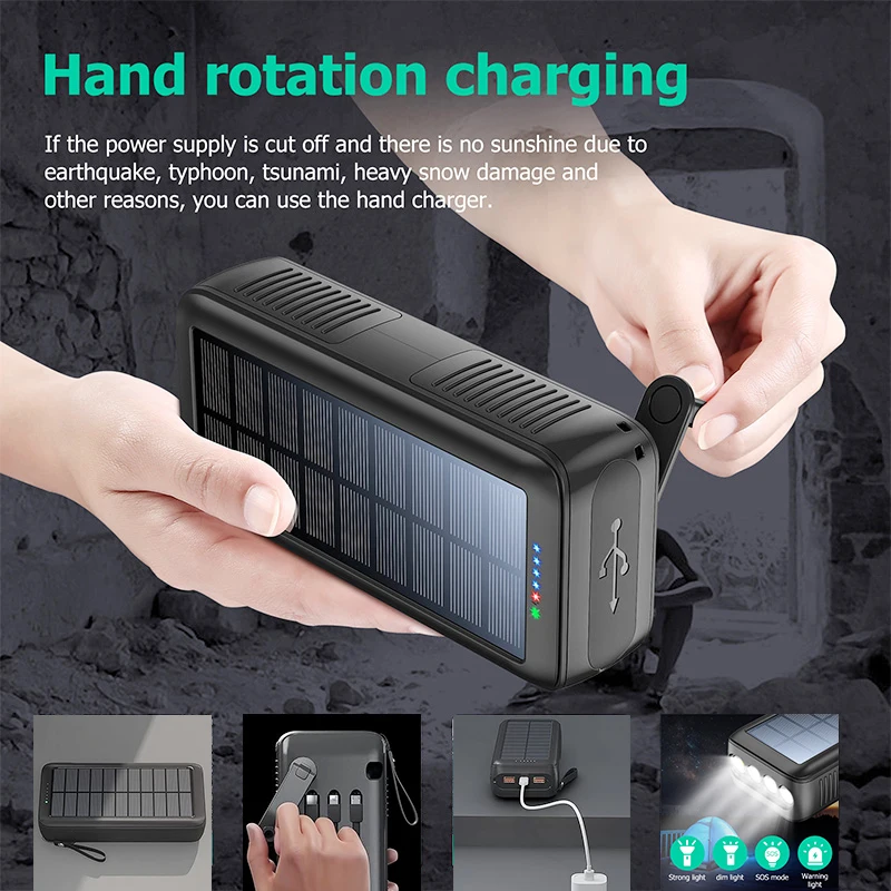 

PSOOO 63200mah 4 Strong Lights Mobile Portable Charger Battery Powerbank Built In Cable Waterproof Hand Crank Solar Power Bank