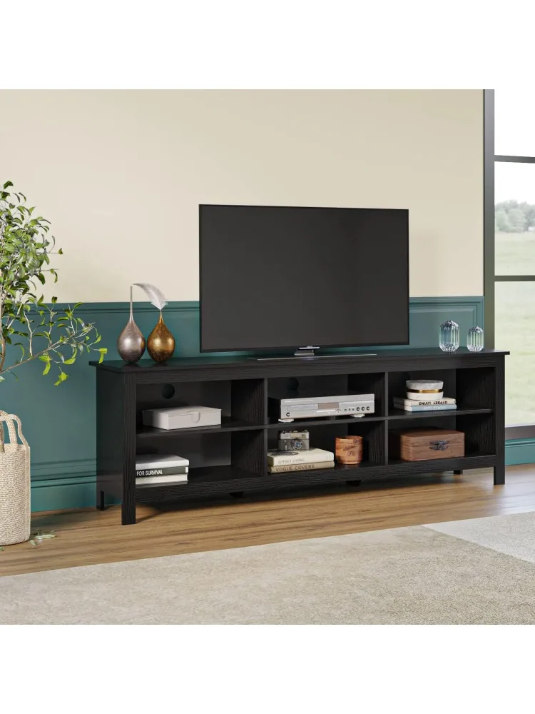 حامل تلفزيون 6 حجرة حوامل تلفزيون خزانة 6 تخزين وسائط مفتوحة لأجهزة التلفاز حتى 80 بوصة، (70 بوصة أسود)