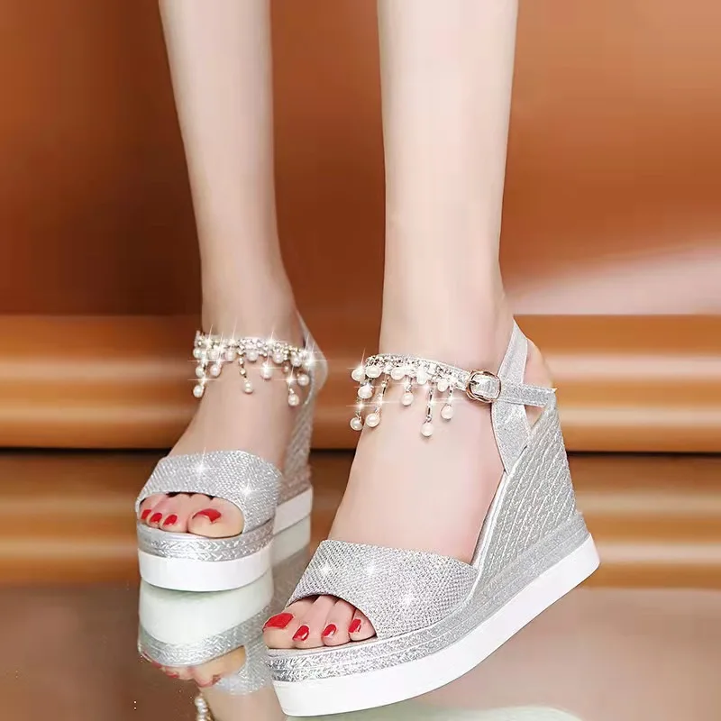 

Summer New Women's Shoes 9cm Heel Height Open Toe Ladies Sandals Fashion Wedge Pearl Glitter Sandals Open Toe Casual Shoes