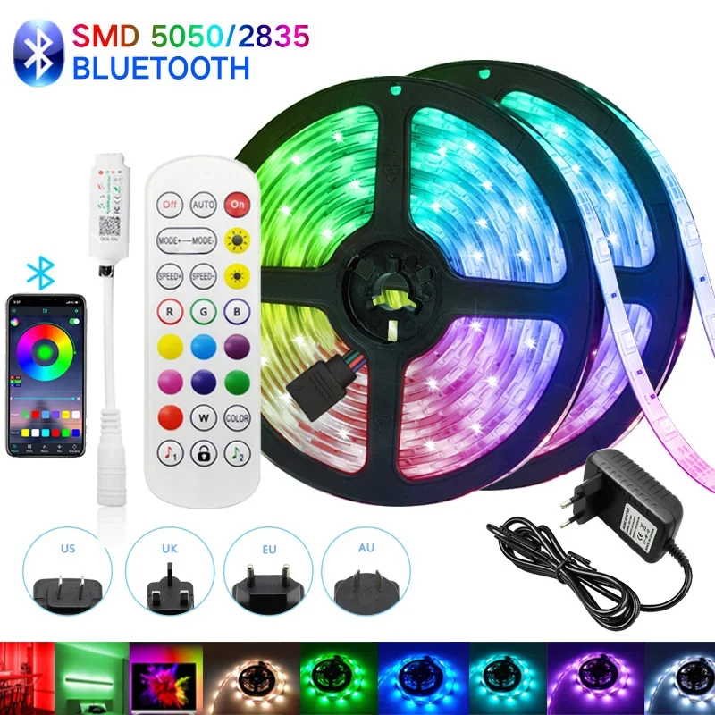 Ledstriplampjes 30M Rgb 5050 Smd 5M Rgb Led Licht Bluetooth Lamp Flexibel Lint 2835 Rgb Tape Diode Dc 12V App Control + Adapter