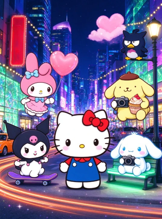 500/1000/1200/2000PCS Jigsaw Puzzle Kawaii Cartoon Creatures Neon City Night Scene Heart Balloon Skateboard Home Wall Decor