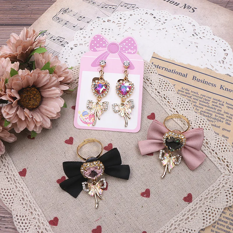 Lolita Style Earrings for Women Handmade Lovely Lady Earrings Rhinestone Dangle Earrings Sweet Cute Ear Clips Silver Needle