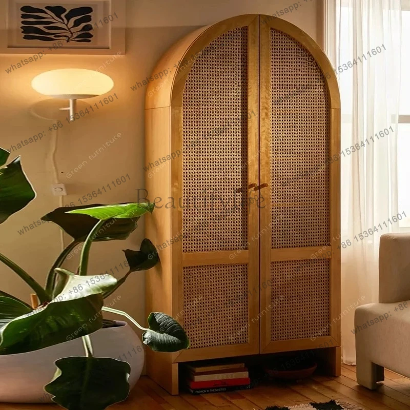 

French retro arc solid wood wardrobe American rattan medium and ancient style small apartment model room display