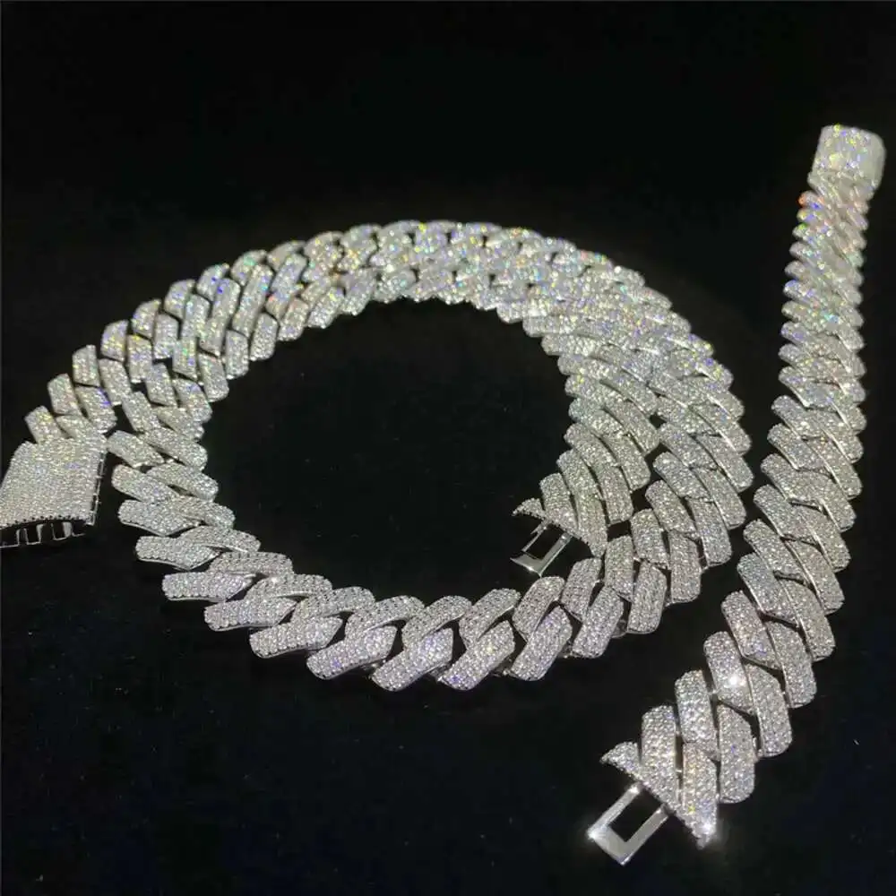 

925 Sterling Silver Iced Out Hip Hop Jewelry 18mm 20mm Moissanite Diamond Cuban Link Chain 3 Rows Diamond Men Cuban Necklace