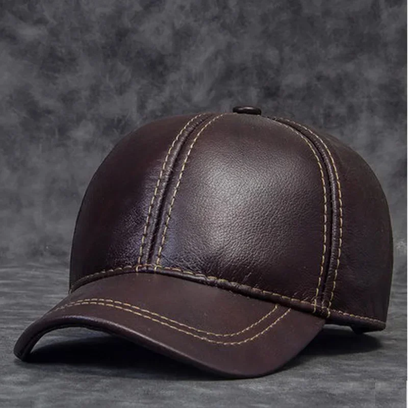 

New Winter Male Genuine Leather Baseball Caps Outdoor Hockey Golf Fishing Gorras Black/Brown Trucker Hat For Man