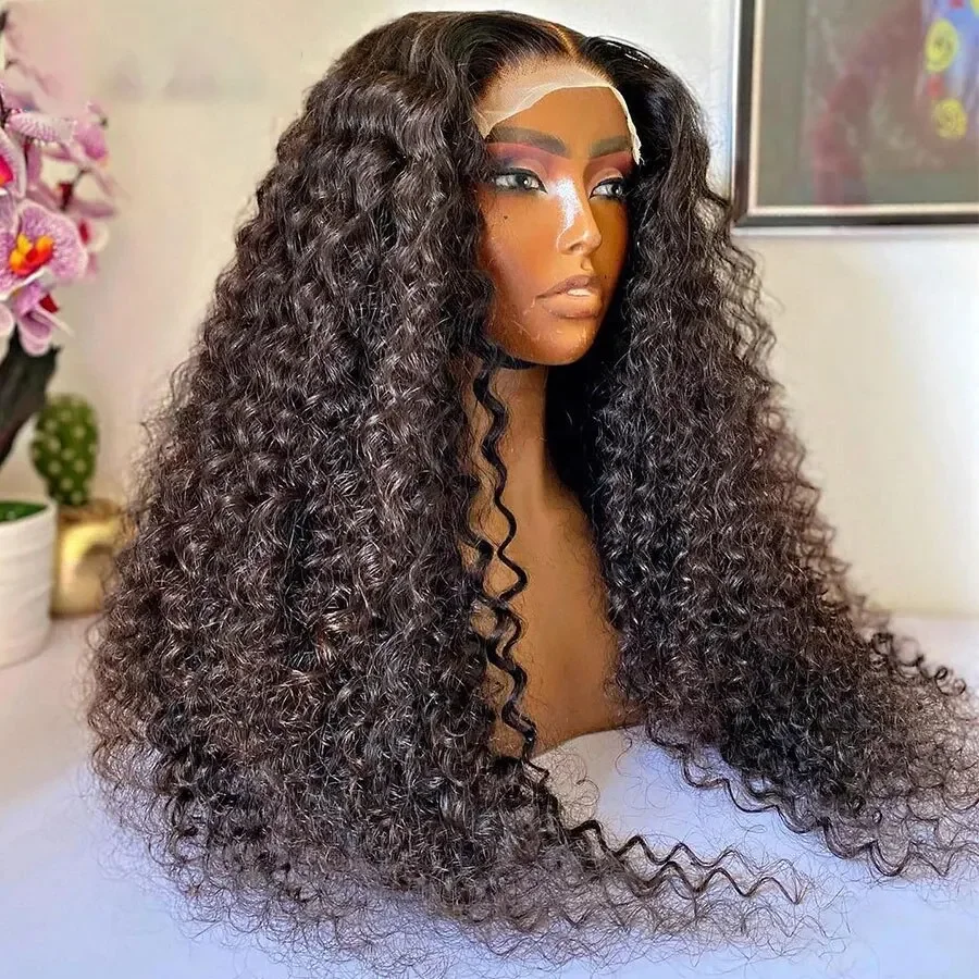 

180DensitySoft 26Inch Long Glueless Natural Black Kinky Curly Lace Front Wig For Women With Baby Hair Synthetic Preplucked Daily