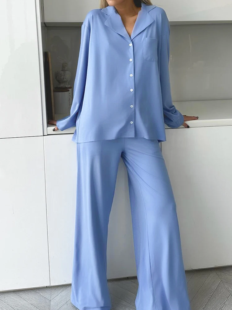 

Linad Loose Pajamas For Women 3 Piece Sets Blue Long Sleeve Sleepwear Female Casual Trouser Suits 2024 Summer Homewear Solid