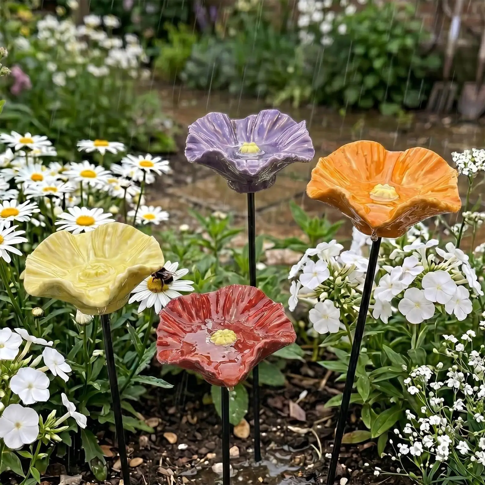 Mini Handmade Pollinator Watering Station Flower Bee Feeder Butterfly Bird Bath Outdoor Garden Stake Yard Art Home Decor Gift