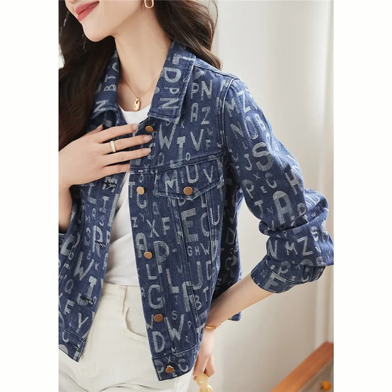 Spring Autumn Short Denim Jacket Women 2024 New Fashion Loose Leisure Coat Printing Single-Breasted Blue 3XL Overcoat Female
