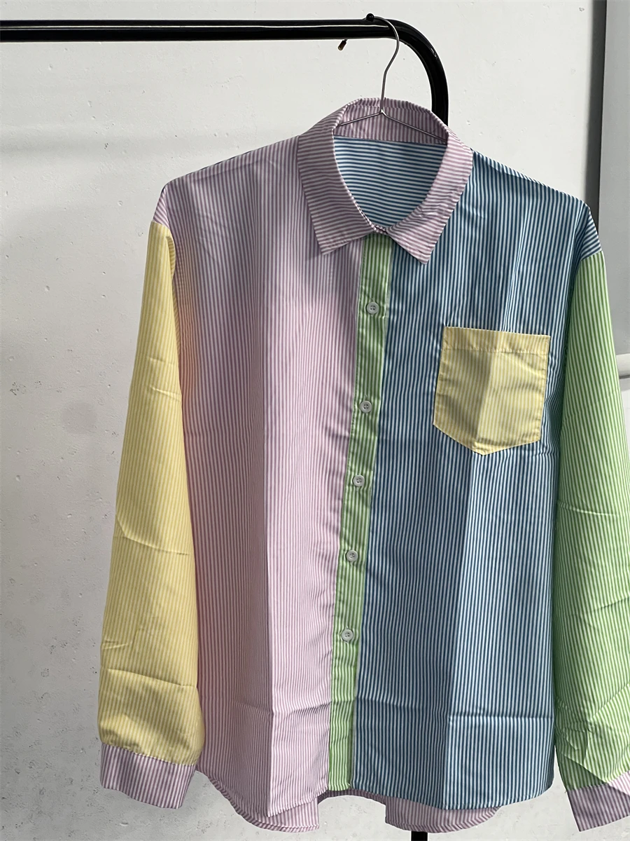

Striped Candy Color Women’s Shirt with Lightweight Patchwork Long Sleeves Perfect for Youthful Daily Casual or Korean Looks