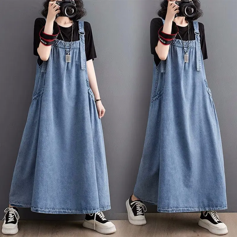 

2023 Spring Summer Women Denim Suspender Long Skirt Loose Casual Punk Vintage Style Cargo Female Popular Large Swing Dress Z691