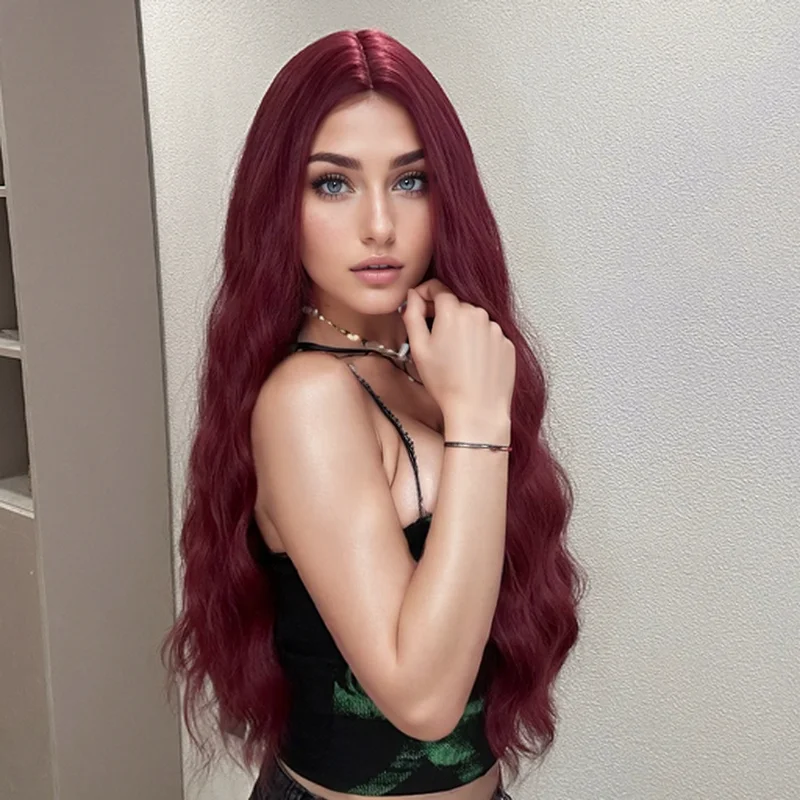 Synthetic Hair Wigs Wine Red Natural Hair Wig Middle Part for Women Long Water Wave Purple Red Heat Resistant Cosplay Party Wigs