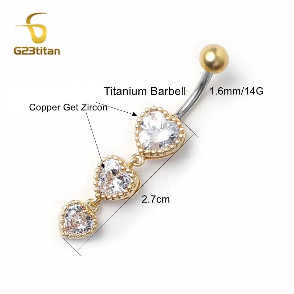 G23titan Zircon Heart Dangle Belly Button Rings 14G Allergy-free Titanium Steel Curved Barbell Women Sexy Navel Piercing Jewelry