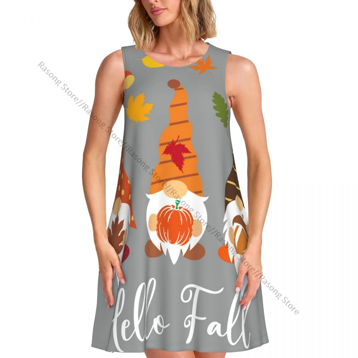 Vestido de mujer, camiseta informal de verano, vestidos para cubrir la playa, vestido sin mangas con ilustración de cosecha de gnomos de Hello Fall