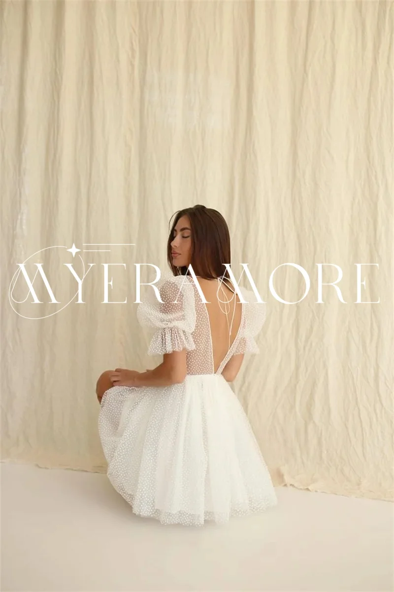 Fashion White Tulle Wedding Dresses for Women V Neck Puff Sleeves A Line Backless Short Bride Dress Customized vestidos de novia