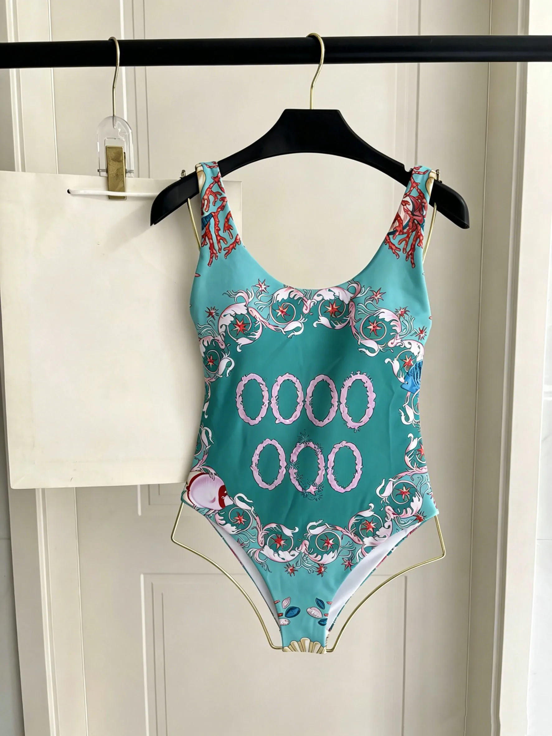 Fashionable Casual Print Turquoise Beach Ladies One-Piece Swimsuit