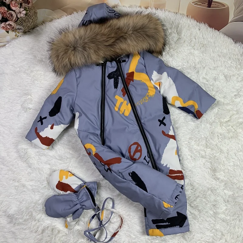 

Real fur 2024 Winter Jacket child jackets children jumpsuit snow suit girl down romper ski suits outerwear