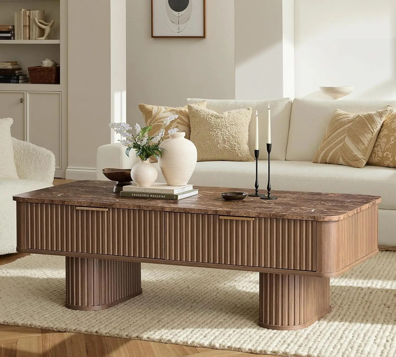 

Fluted Storage Coffee Table Mid Century Faux Marble Top Rectangle Pedestal Legs Drawers Living Office Walnut Customized