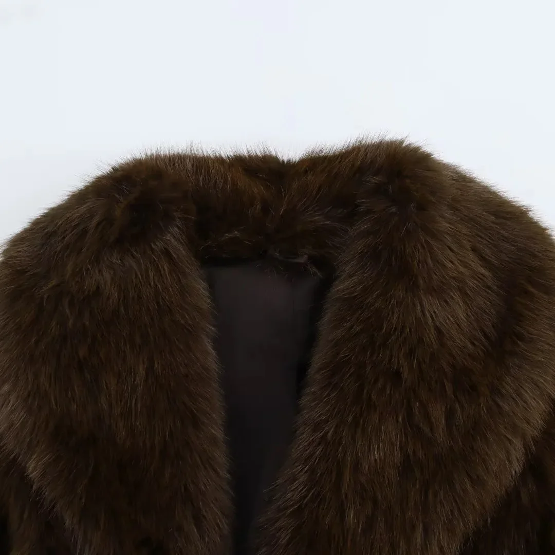 Nieuwe mode warme dikke nepbontjas Vintage luxe revers lange mouwen verborgen zakken effen overjas herfst winter nieuwe jas