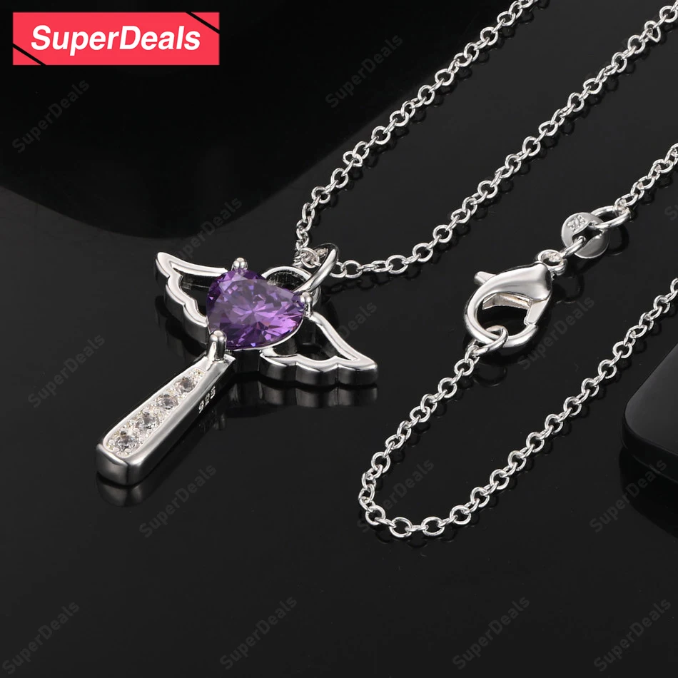 

SuperDeals Purple Heart Zircon 925 Sterling Silver Pendant Necklace 16-30 Inch Chain Wedding Party Classic Jewelry Gifts
