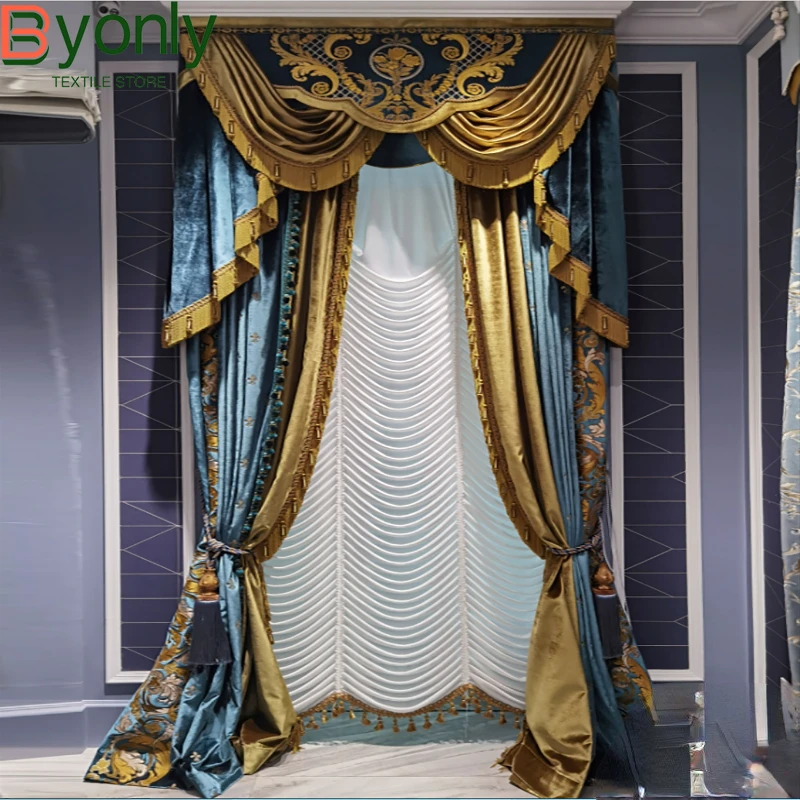 

Curtains for Living Room Villa Velvet Embroidery Luxury Atmosphere American Narrowembroidery Bedroom Peacock Blue Court Style