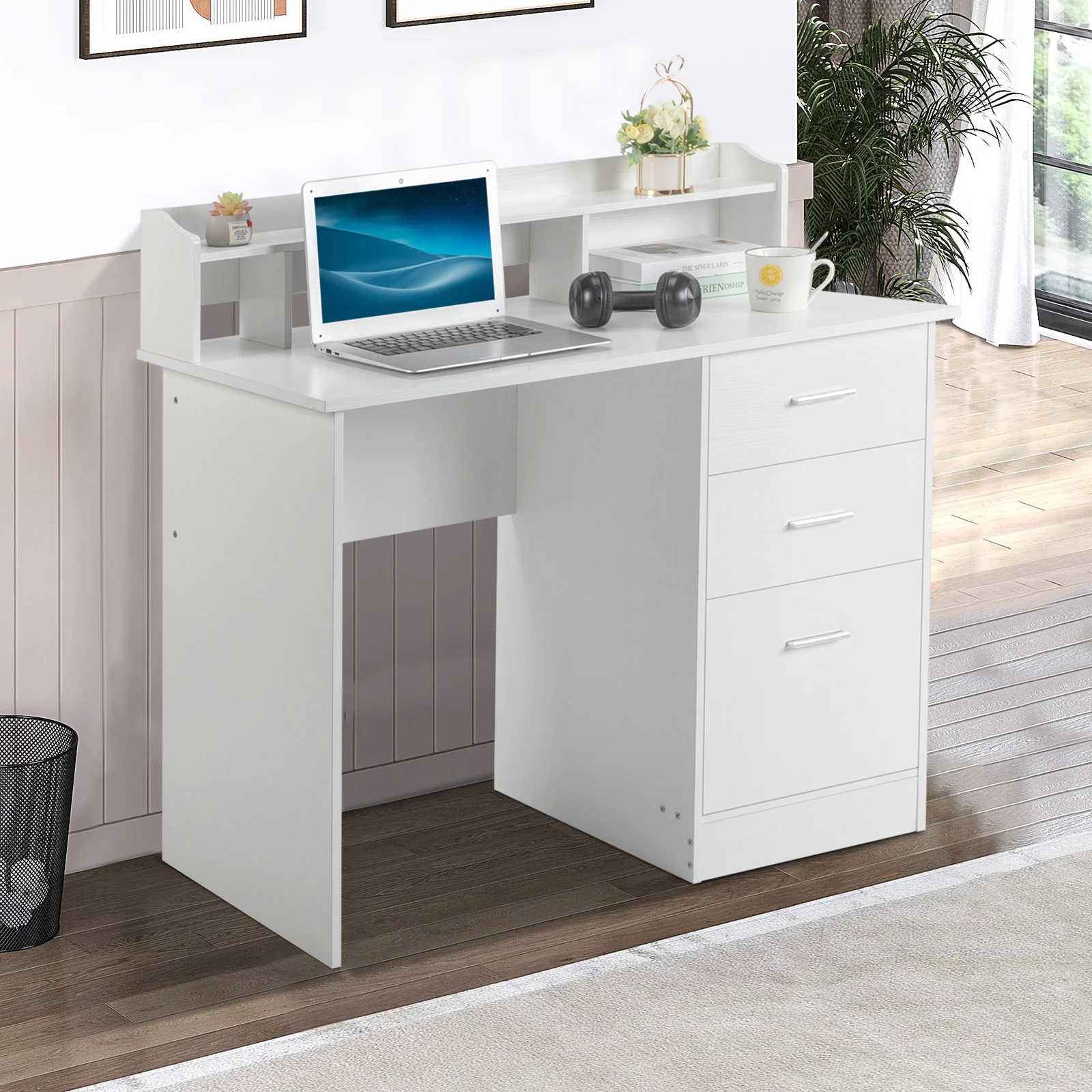 FCH-Panneau de particules en triamine, 110x50x95cm, couche de stockage de bureau, trois mèches de proximité, bureau d'ordinateur, bois blanc Mars