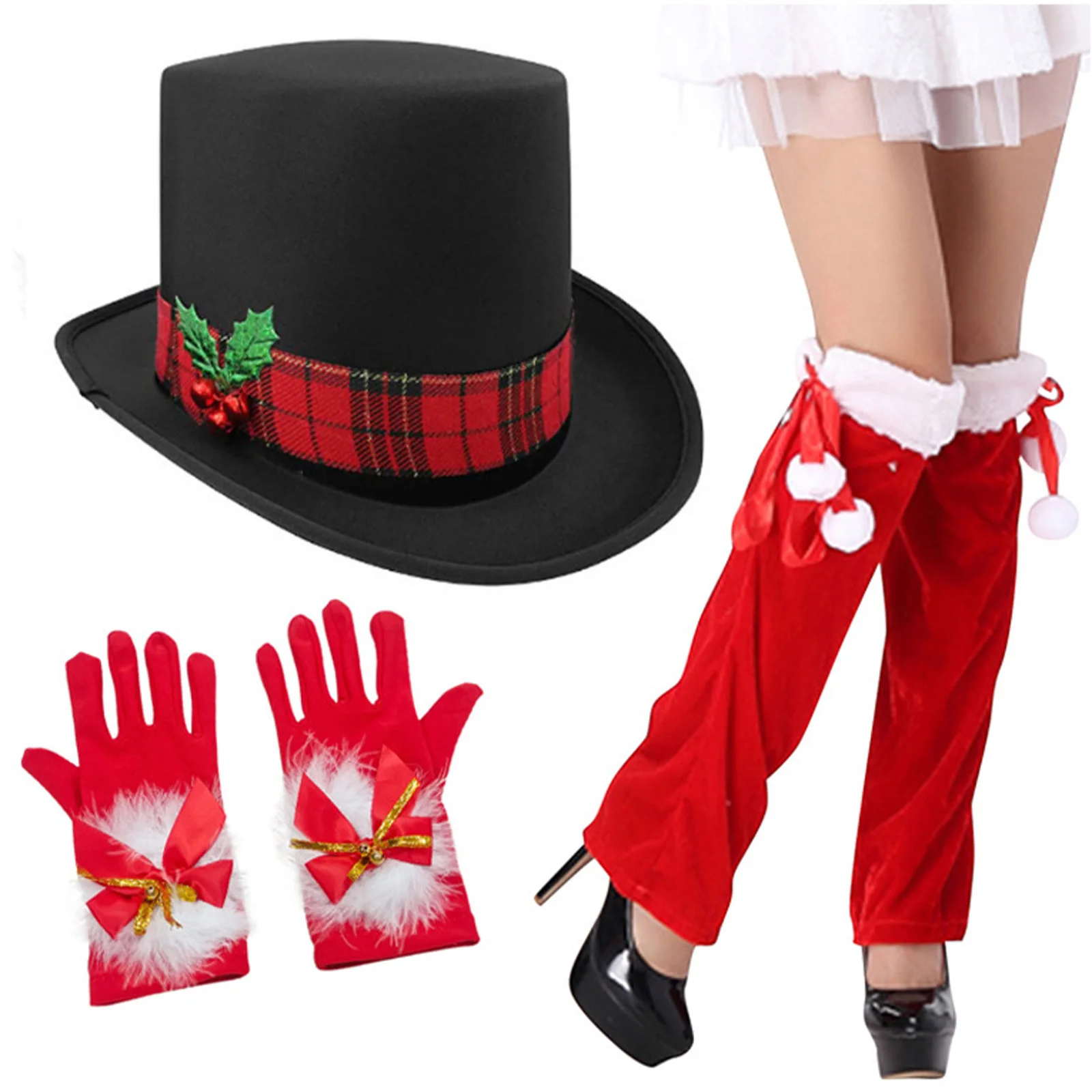 Forniture per feste di Natale da donna Set di accessori da 3 pezzi Include cappello, guanti, coprigambe o calzini per vestire Natale