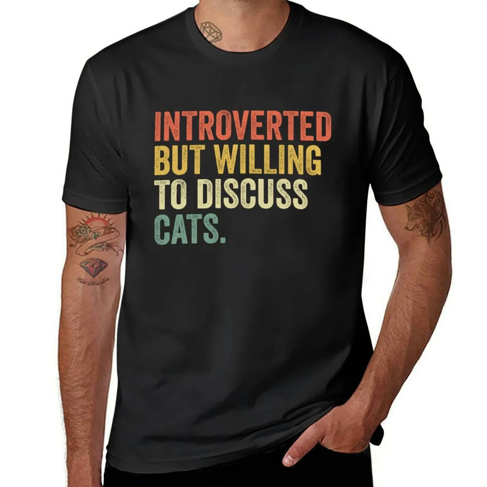 introverted but willing to discuss cats T-Shirt oversized plus sizes mens t shirts