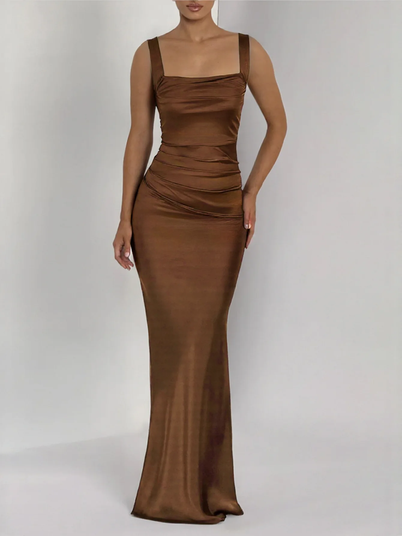 Onecozyday Damen-Maxikleid, formell, luxuriös, brauner Satin, Spaghettiträger, quadratischer Ausschnitt, gerüscht, figurbetontes Kleid, 2026, elegante Kleider