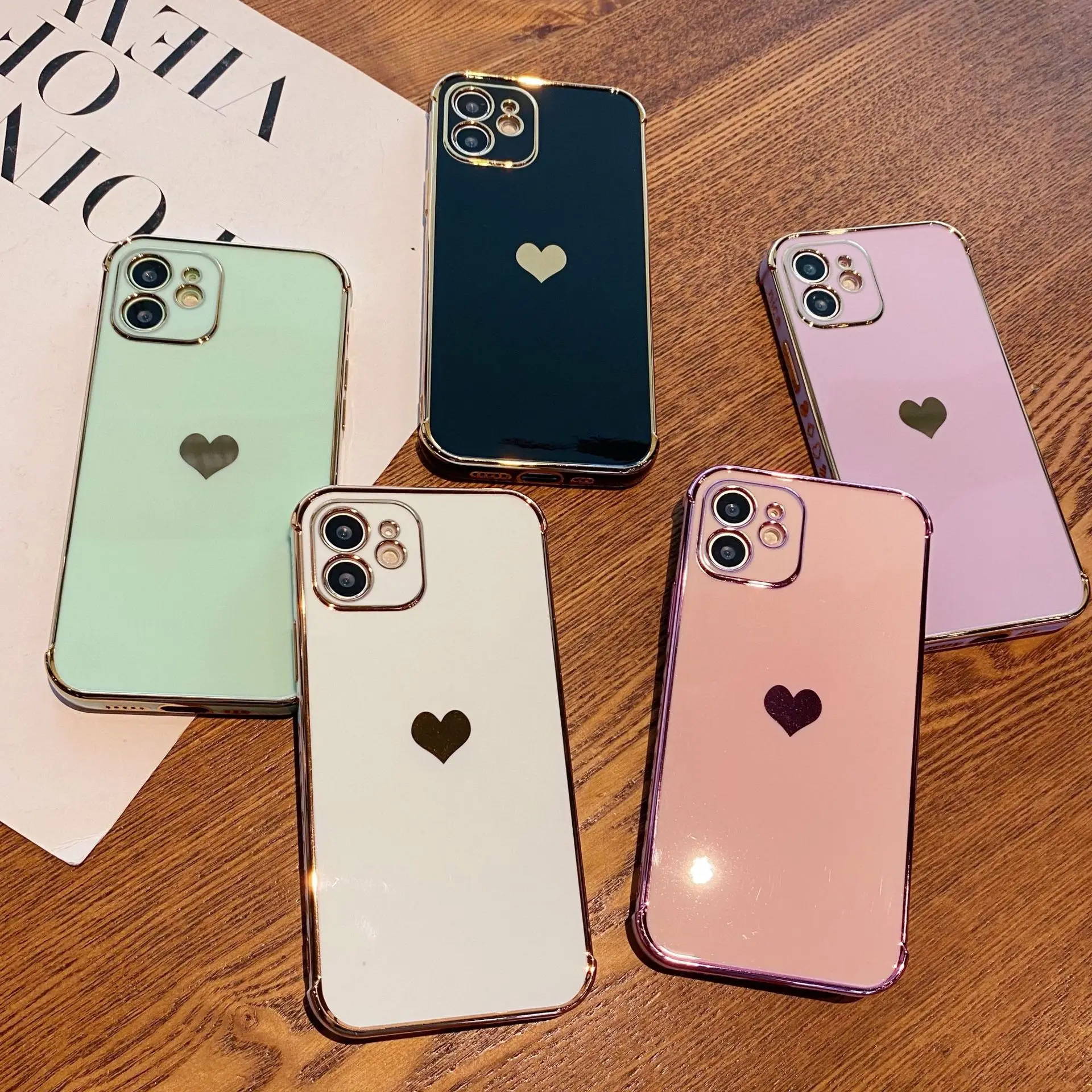 

50PCS Love Heart Art Electroplated Phone Case, Shockproof Girl Bumper, For iPhone 11, 14, 15 Pro Max, 12, 13 Mini, X, XR, 7, 8