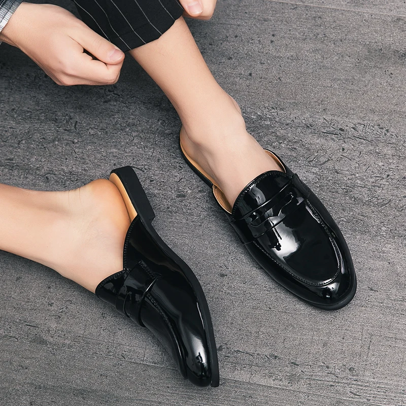 Half Shoes Men Mules Slippers Loafers Casual Shoes Men Fashion Social Patent Leather Mocassin Slip-On Breathable Leather Shoes