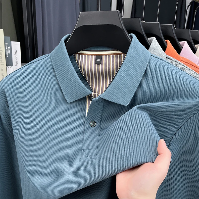 

100% Cotton Tops Men 2025 Spring Classic Solid Business Polos Long Sleeve Tee Shirts Male Formal Long Sleeve Cotton Shirts