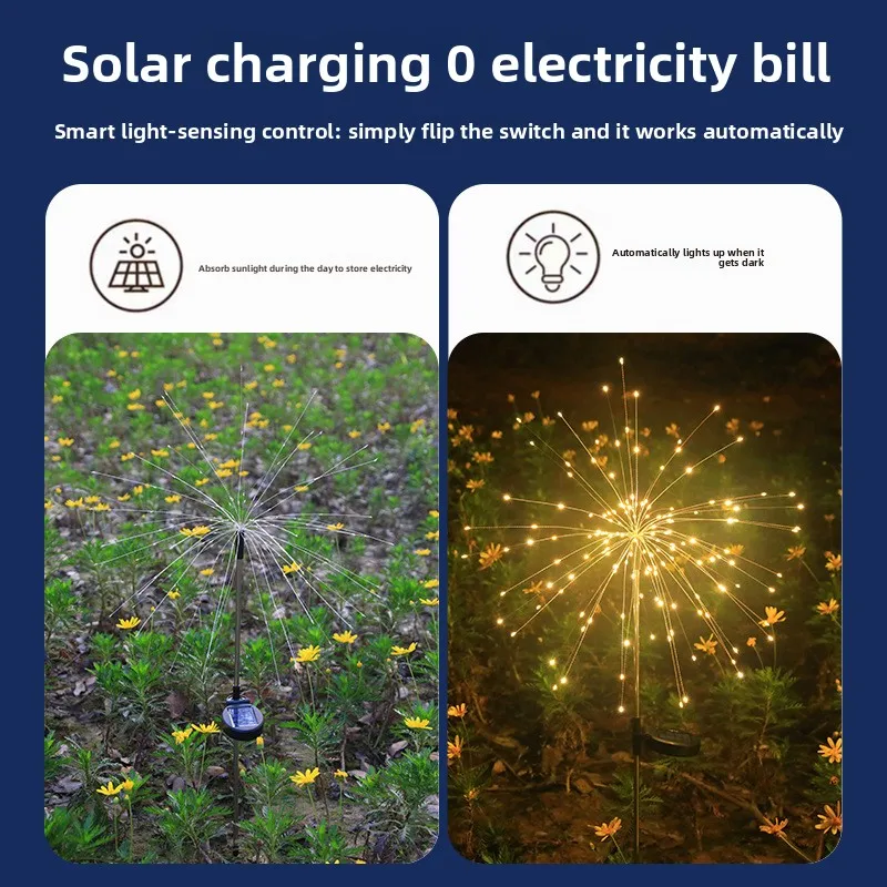 Solar Firework Lights, Ground Plug Dandelion Lamp, Outdoor Waterproof LED String Lights for Yard Garden Decor