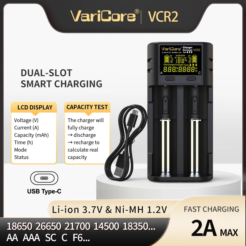 

VariCore 18650 battery charger For 3.7V Li-ion/1.2V Ni-MH 18350 26650 21700...AA/AAA V10/V20i