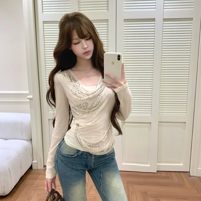 Long Sve Me T-irt レディース 秋冬新作 Sle Ele スリミングトップ グリッター ダイヤモンドカラー カジュアル ピュアカラー