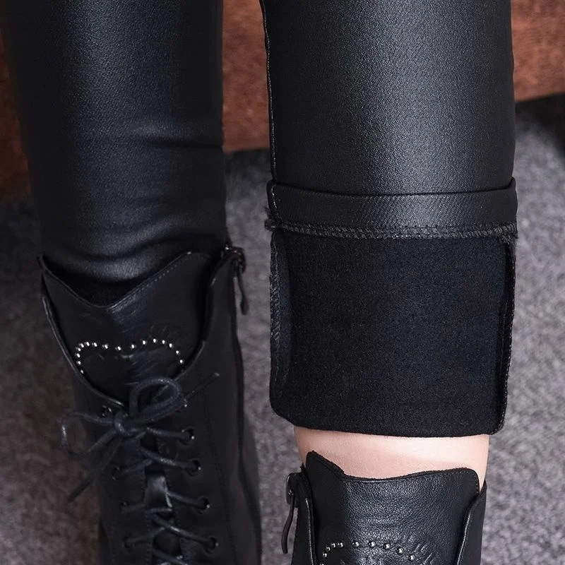 Women Leggings Winter Warm Leggings Plus Velvet Matt Faux Leather Skinny Sexy Leggings High Waist Long Black Pencil Pants C335