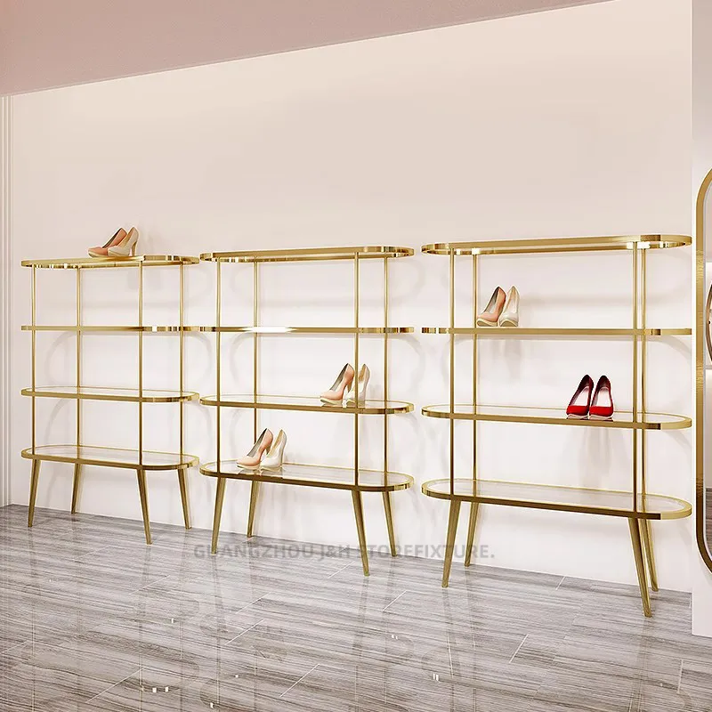 Rak Sepatu Akrilik Furnitur Komersial Rak Toko Sepatu Rak Display Rak Lantai Tas Tangan Cermin Emas Stainless Steel