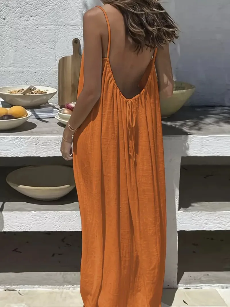 2026 Solid Color Vacation Cool Homewear Loose-Fit Spaghetti Strap Dress Women's Casual Homewear Summer Dress