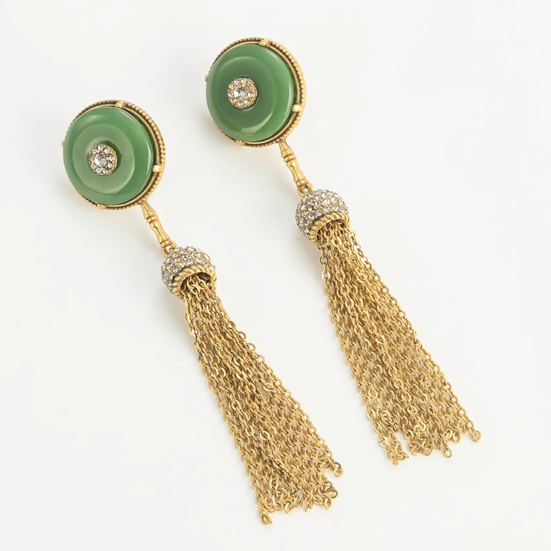 

﻿ Vintage Long Green Earrings Jade Gold Color Chain Tassel Woman Retro Antique Elegant Luxury Designer Daily Formal 2025