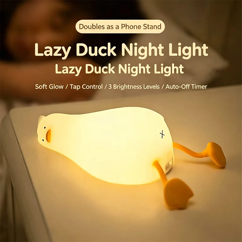 Cute Lying Flat Duck LED Night Light Dimmable Soft Light Bedside Sleep Lamp Bedroom Desktop Decoration Atmosphere Light