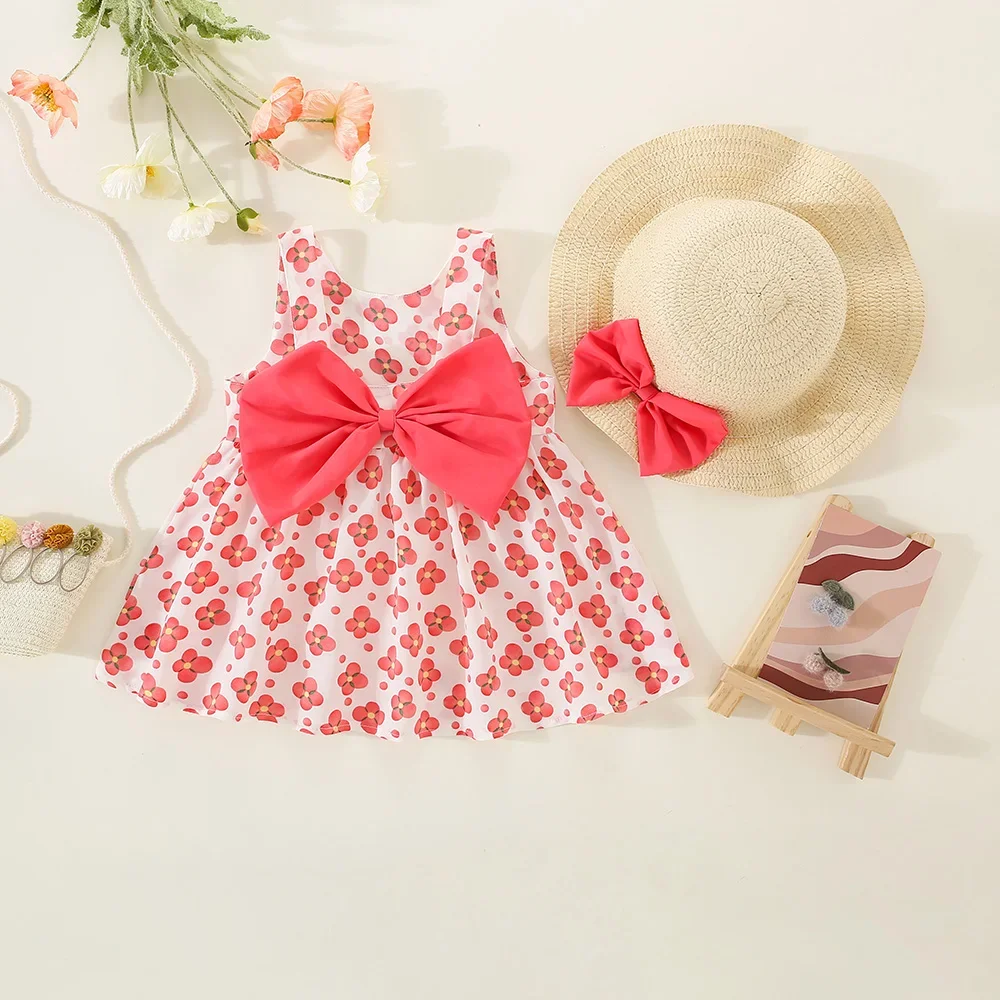 Summer 2/piece Set of Baby Girl A-Line Sleeveless Cute Dresses Hats Children's Full Body Printed Large Bow Strap Princess Dress