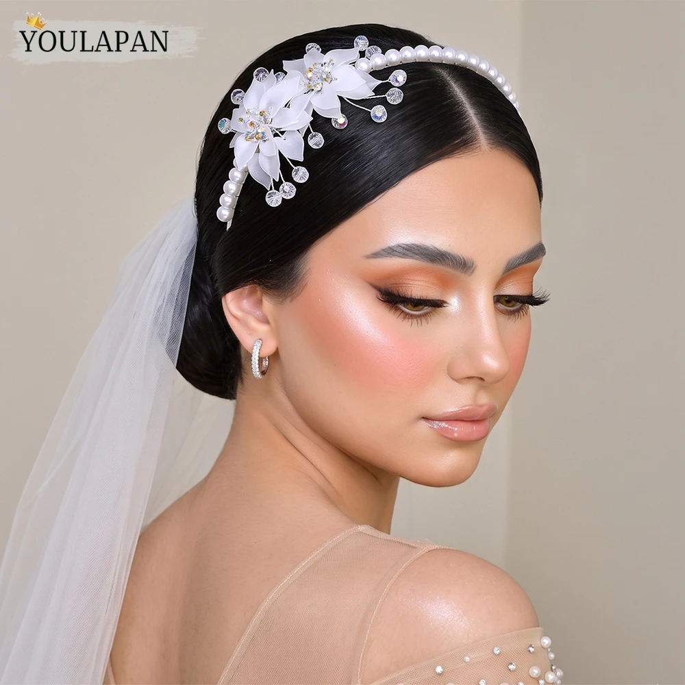 YouLaPan White Color Flower Bride Headband Elegant Pearl Wedding Head Hoop AB Crystal Handmade Hair Accessories For Party HP422