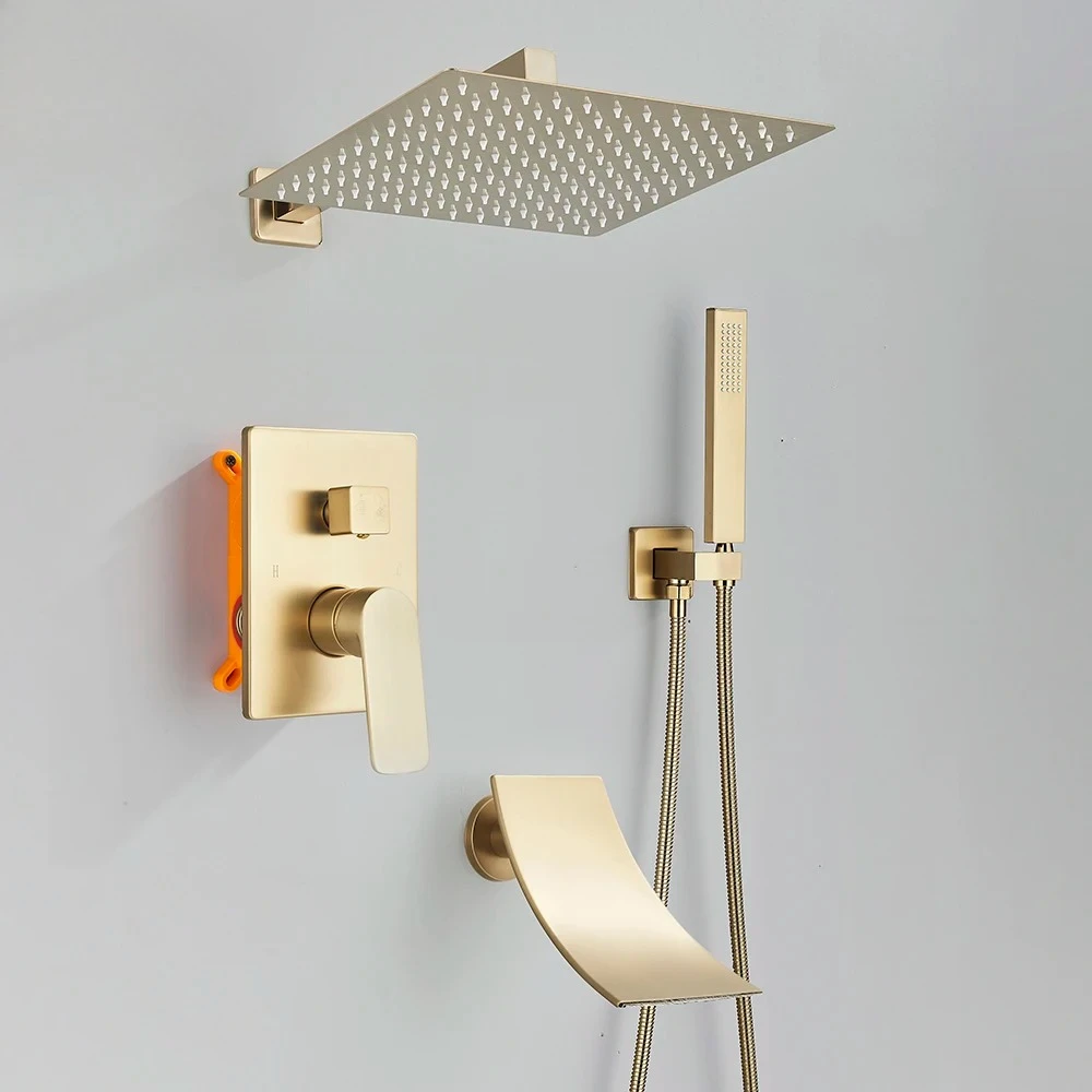 

Brushed Gold Shower Faucet Bath Shower Set 3-ways Concealed Shower Mixer Tap Rotating Waterfall Spout Bathtub Faucet